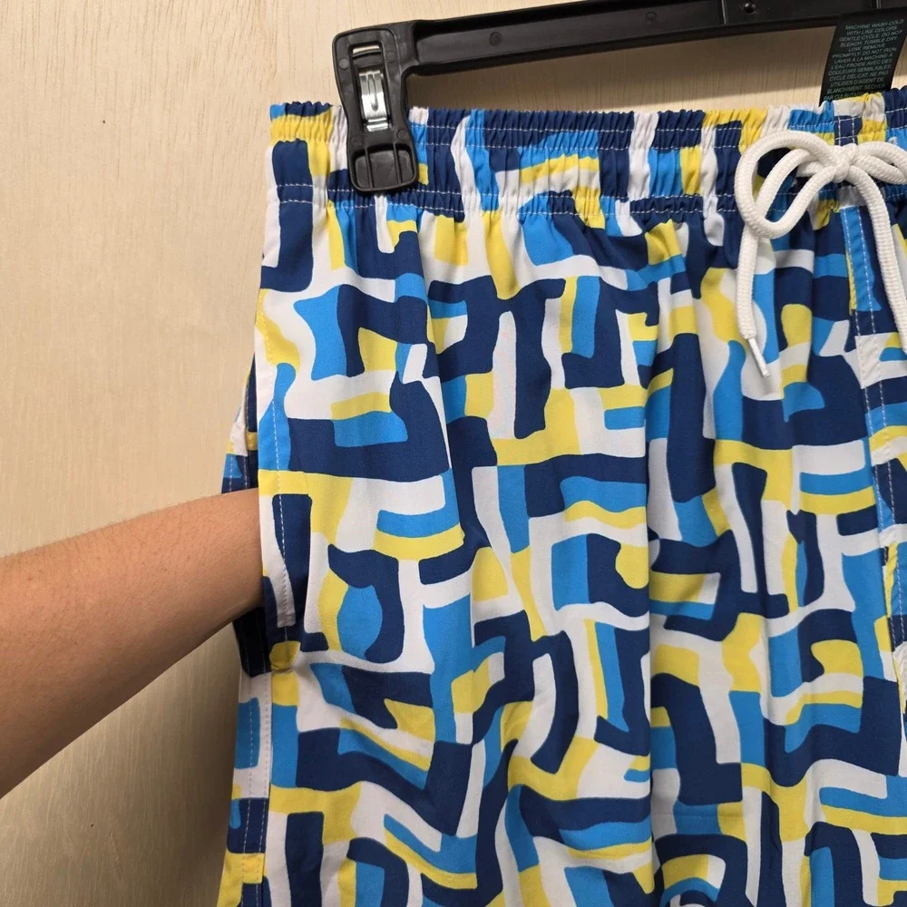 Hot‎ Coals Mens XL Swim Trunks Blue Yellow Geometric Maze Quick Dry UPF 50+ NWT